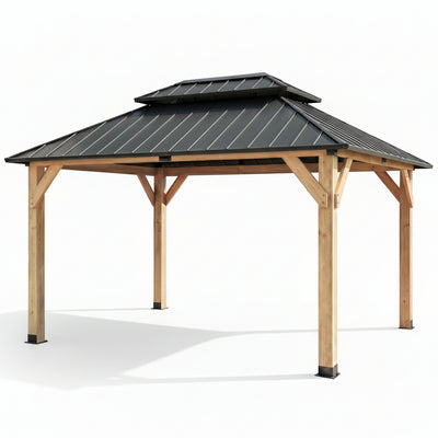 10' X 12' Outdoor Wood Gazebo,Metal Hardtop Gazebo Color DIY | Permanent Pavilion with Galvanized Steel Double Roof for Backyard, Garden(Windproof, Snow-Load Bearing, Rustproof)