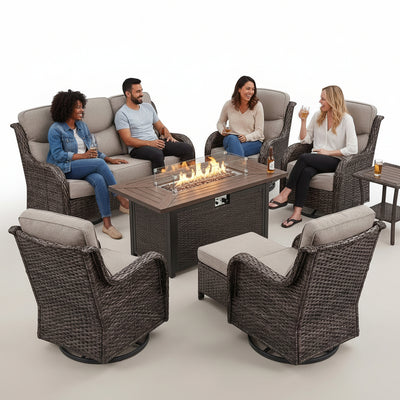Outdoor Patio Furniture Set Built to Last Decades, Fire Pit Table, Swivel Chairs, 6-Inch Cushions