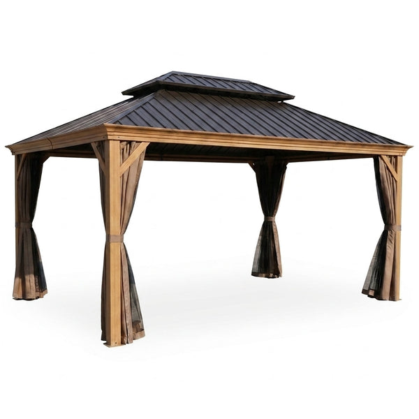 12-Ft X 20-Ft Gazebo Brown Gazebo with Hardtop Roof (Screen Included) — Studio Shot