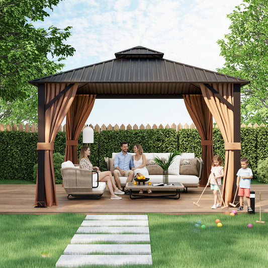 12 x 12 Feet Double-Roof Patio Hardtop Gazebo with Galvanized Steel Roof Netting and Curtains-Coffee
