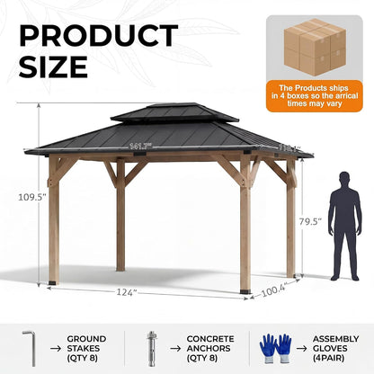 10' X 12' Outdoor Wood Gazebo,Metal Hardtop Gazebo Color DIY | Permanent Pavilion with Galvanized Steel Double Roof for Backyard, Garden(Windproof, Snow-Load Bearing, Rustproof)