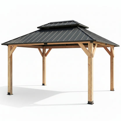 10' X 12' Outdoor Wood Gazebo,Metal Hardtop Gazebo Color DIY | Permanent Pavilion with Galvanized Steel Double Roof for Backyard, Garden(Windproof, Snow-Load Bearing, Rustproof)
