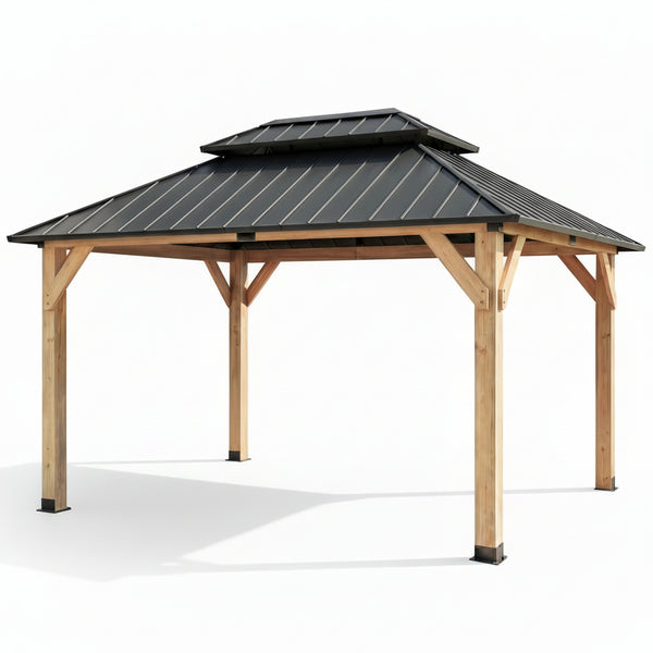 10' X 12' Outdoor Wood Gazebo,Metal Hardtop Gazebo Color DIY | Permanent Pavilion with Galvanized Steel Double Roof for Backyard, Garden(Windproof, Snow-Load Bearing, Rustproof)