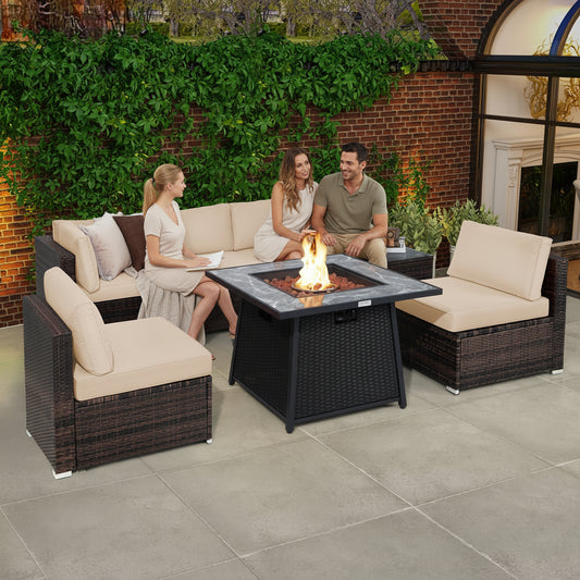 7 Pieces Patio Furniture Set with 35 Inches 50000 BTU Propane Gas Fire Pit Table and Waterproof Cover for Firpit