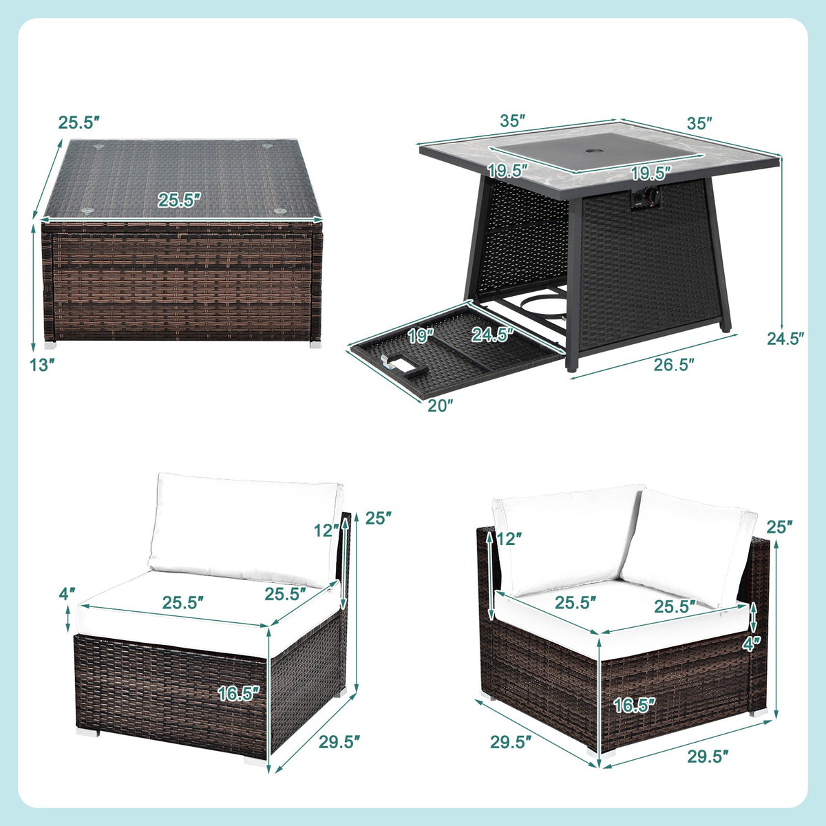 7 Pieces Patio Furniture Set with 35 Inches 50000 BTU Propane Gas Fire Pit Table and Waterproof Cover for Firpit