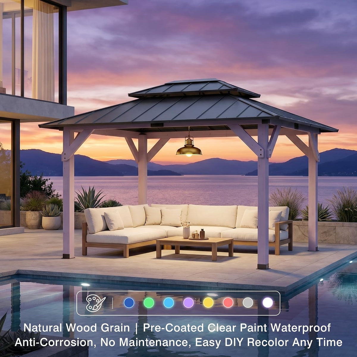 10' X 12' Outdoor Wood Gazebo,Metal Hardtop Gazebo Color DIY | Permanent Pavilion with Galvanized Steel Double Roof for Backyard, Garden(Windproof, Snow-Load Bearing, Rustproof)