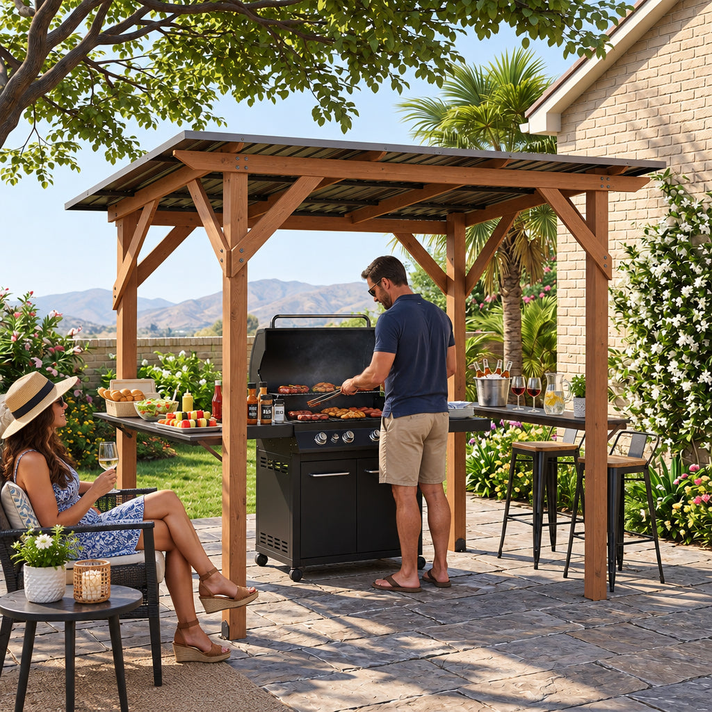 Grill Gazebo 8.6 x 5 FT Cedar Wood with Serving Shelves