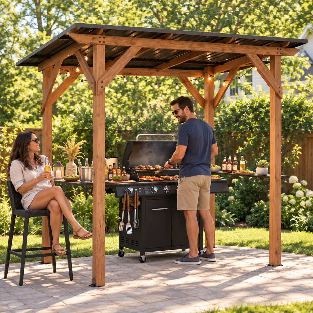 Grill Gazebo 8.6 x 5 FT Cedar Wood with Serving Shelves