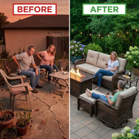 9-Piece Outdoor Patio Furniture Set with Fire Pit Table,Swivel Chairs and 6" Thick Cushions,Sectional Sofa and Ottomans,Patio Conversation Set for Porch Deck Garden Backyard — Before & After