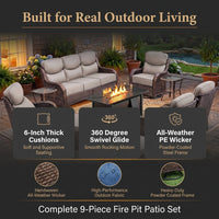 9-Piece Outdoor Patio Furniture Set with Fire Pit Table,Swivel Chairs and 6" Thick Cushions,Sectional Sofa and Ottomans,Patio Conversation Set for Porch Deck Garden Backyard — Results & Stats