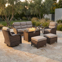 9-Piece Outdoor Patio Furniture Set with Fire Pit Table,Swivel Chairs and 6" Thick Cushions,Sectional Sofa and Ottomans,Patio Conversation Set for Porch Deck Garden Backyard — Studio Shot