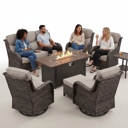 9-Piece Outdoor Patio Furniture Set with Fire Pit Table,Swivel Chairs and 6" Thick Cushions,Sectional Sofa and Ottomans,Patio Conversation Set for Porch Deck Garden Backyard — Studio Shot