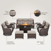 9-Piece Outdoor Patio Furniture Set with Fire Pit Table,Swivel Chairs and 6" Thick Cushions,Sectional Sofa and Ottomans,Patio Conversation Set for Porch Deck Garden Backyard — infographic
