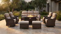 9-Piece Outdoor Patio Furniture Set with Fire Pit Table,Swivel Chairs and 6" Thick Cushions,Sectional Sofa and Ottomans,Patio Conversation Set for Porch Deck Garden Backyard — Lifestyle