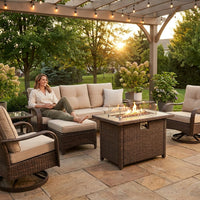 9-Piece Outdoor Patio Furniture Set with Fire Pit Table,Swivel Chairs and 6" Thick Cushions,Sectional Sofa and Ottomans,Patio Conversation Set for Porch Deck Garden Backyard — Lifestyle
