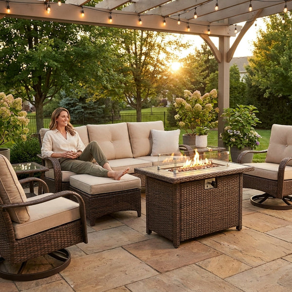 Outdoor Patio Furniture Set Built to Last Decades, Fire Pit Table, Swivel Chairs, 6-Inch Cushions