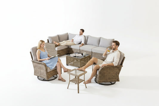 9 Pieces Patio Furniture Set outside Furniture Wicker Patio Conversation Set with Swivel Chairs, Outdoor Furniture for Garden, Gray — Studio Shot
