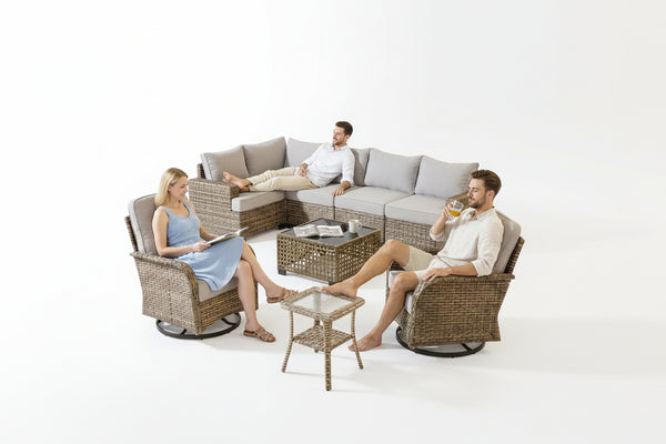 9 Pieces Patio Furniture Set outside Furniture Wicker Patio Conversation Set with Swivel Chairs, Outdoor Furniture for Garden, Gray — Studio Shot