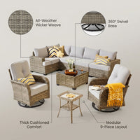 9 Pieces Patio Furniture Set outside Furniture Wicker Patio Conversation Set with Swivel Chairs, Outdoor Furniture for Garden, Gray — infographic