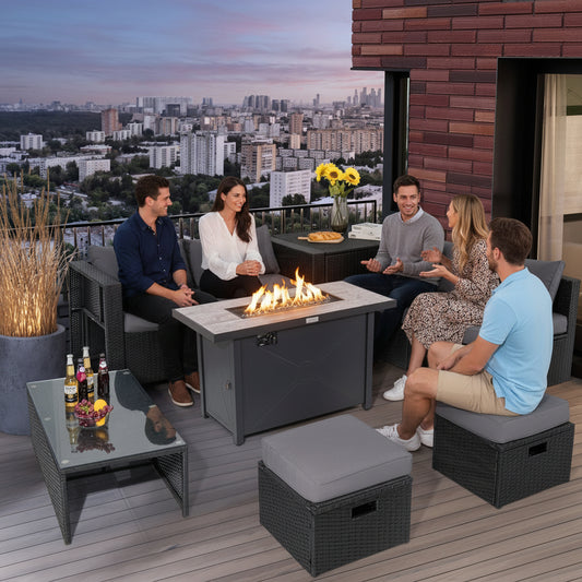 9 Pieces Outdoor PE Rattan Wicker Sectional Sofa with 42 Inch 60 000 BTU Gas Fire Pit Table