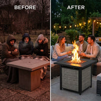 Adana 28” Outdoor Propane Fire Pit Table 50,000 Btus Outdoor Fire Pit Propane Metal Patio Fire Pit with Lava Rocks & Lid Durable Firepits for outside & CSA Certified Outdoor Fireplace — Before & After