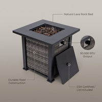 Adana 28” Outdoor Propane Fire Pit Table 50,000 Btus Outdoor Fire Pit Propane Metal Patio Fire Pit with Lava Rocks & Lid Durable Firepits for outside & CSA Certified Outdoor Fireplace — infographic