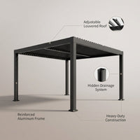 Louvered Pergola, Outdoor Pergola with Adjustable Louvered Roof, Reinforced Aluminum Frame, Integrated Drainage System, Hardtop Gazebo for Patio — infographic
