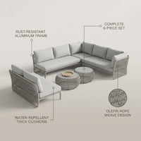 Outdoor Patio Furniture Set Built to Last Decades, Rust-Resistant Aluminum Frame, Olefin Rope Design, Thick Cushions — infographic