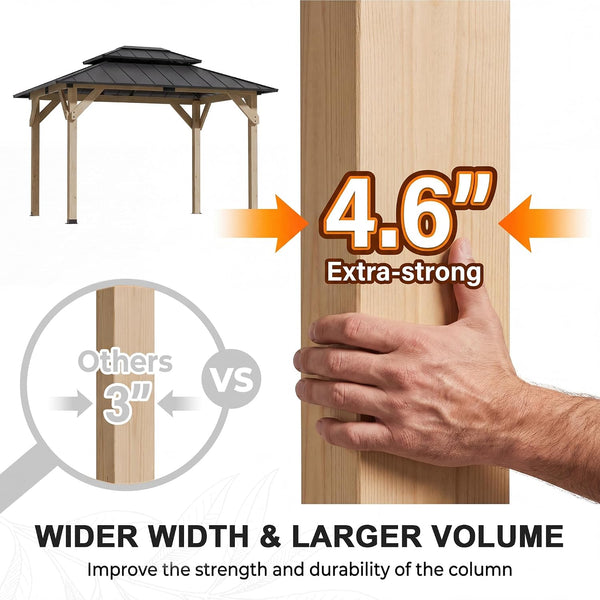 10' X 12' Outdoor Wood Gazebo,Metal Hardtop Gazebo Color DIY | Permanent Pavilion with Galvanized Steel Double Roof for Backyard, Garden(Windproof, Snow-Load Bearing, Rustproof)